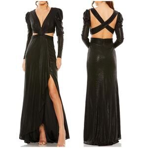 Mac Duggal NWT Black Princess Sleeve Cut Out Metallic Gown Deep V-neck Size 0